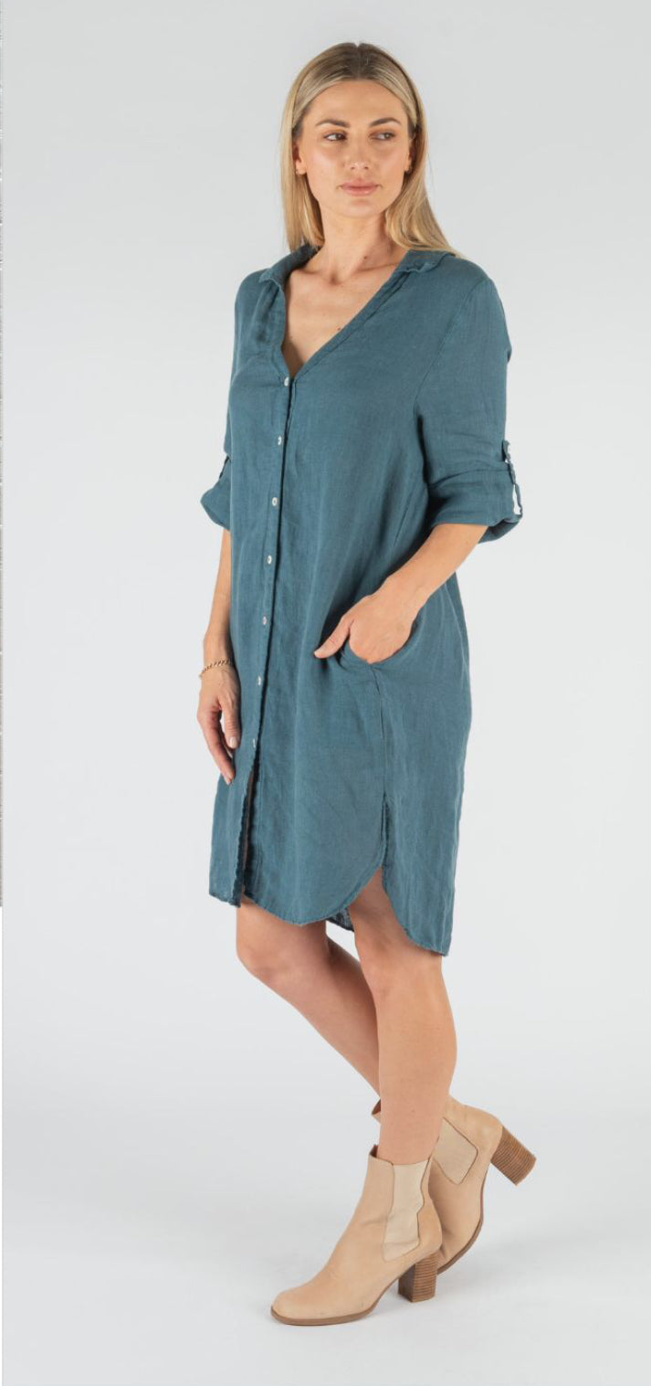 ANGELICA LINEN LONG SHIRT - TEAL
