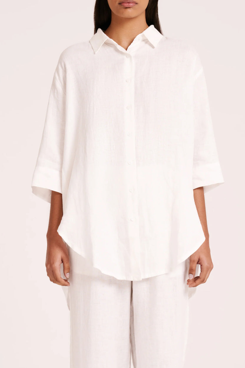 LOUNGE LINEN LONGLINE SHIRT- WHITE