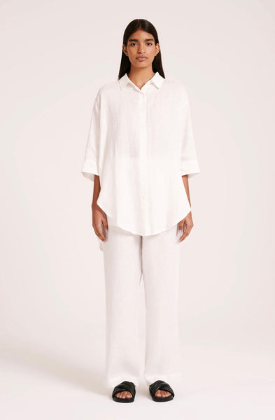 LOUNGE LINEN LONGLINE SHIRT- WHITE