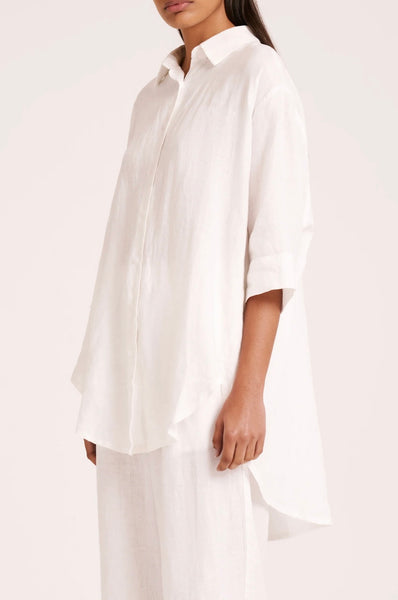 LOUNGE LINEN LONGLINE SHIRT- WHITE